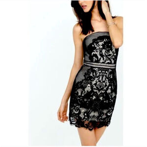 Express Gorgeous Black Lace Overlay Nude Strapless Mini Dress